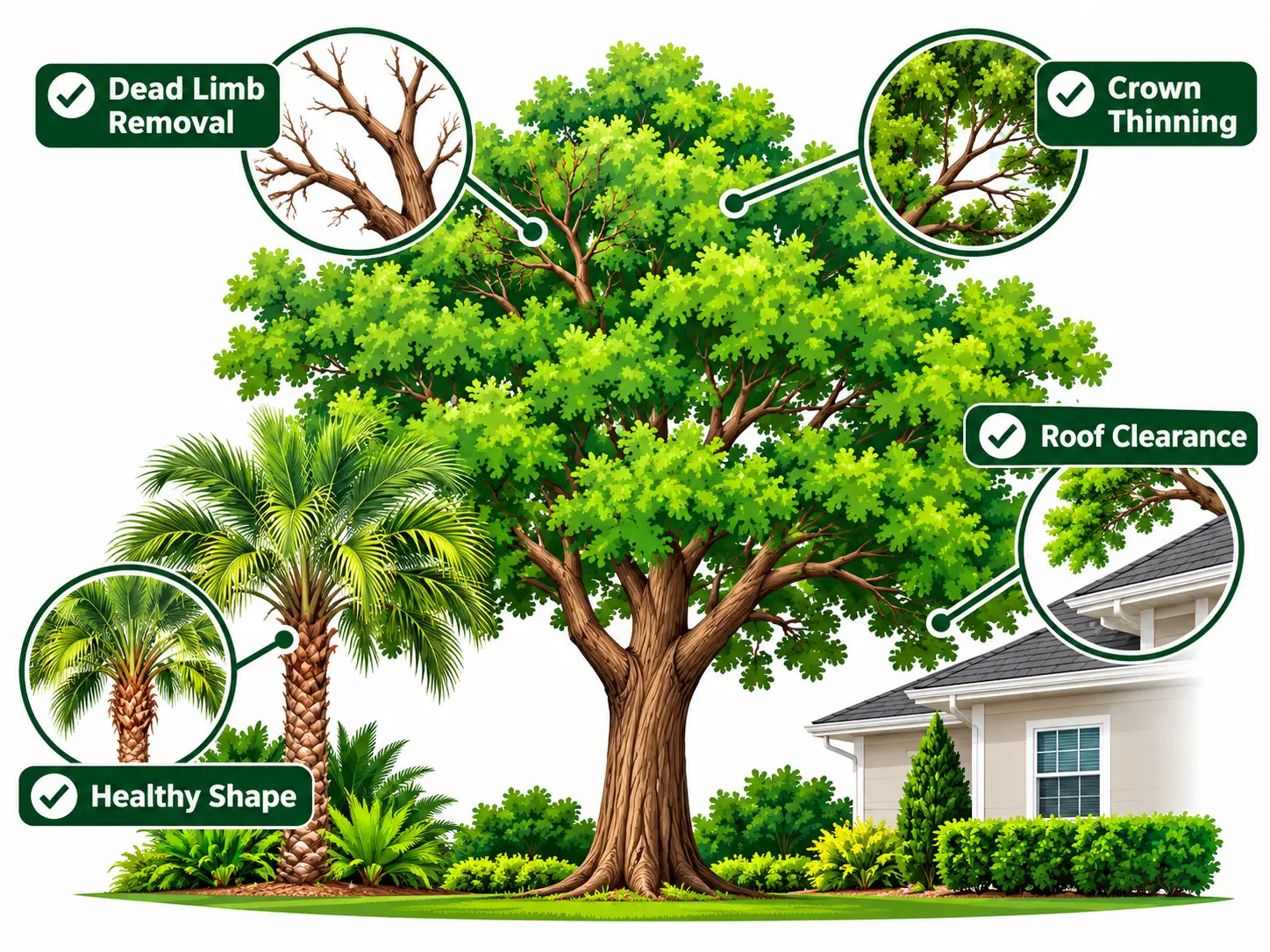 Illustrated tree trimming diagram showing dead limb removal, crown thinning, roof clearance and healthy palm shape