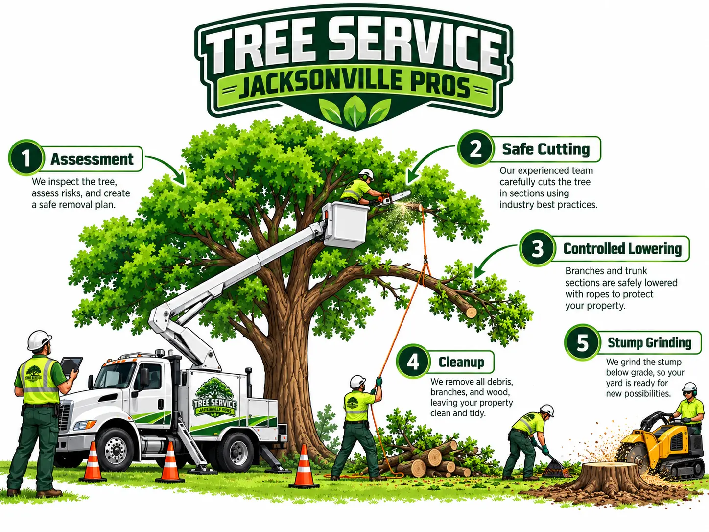 Illustrated diagram of the five-step tree removal process: assessment, safe cutting, controlled lowering, cleanup, stump grinding