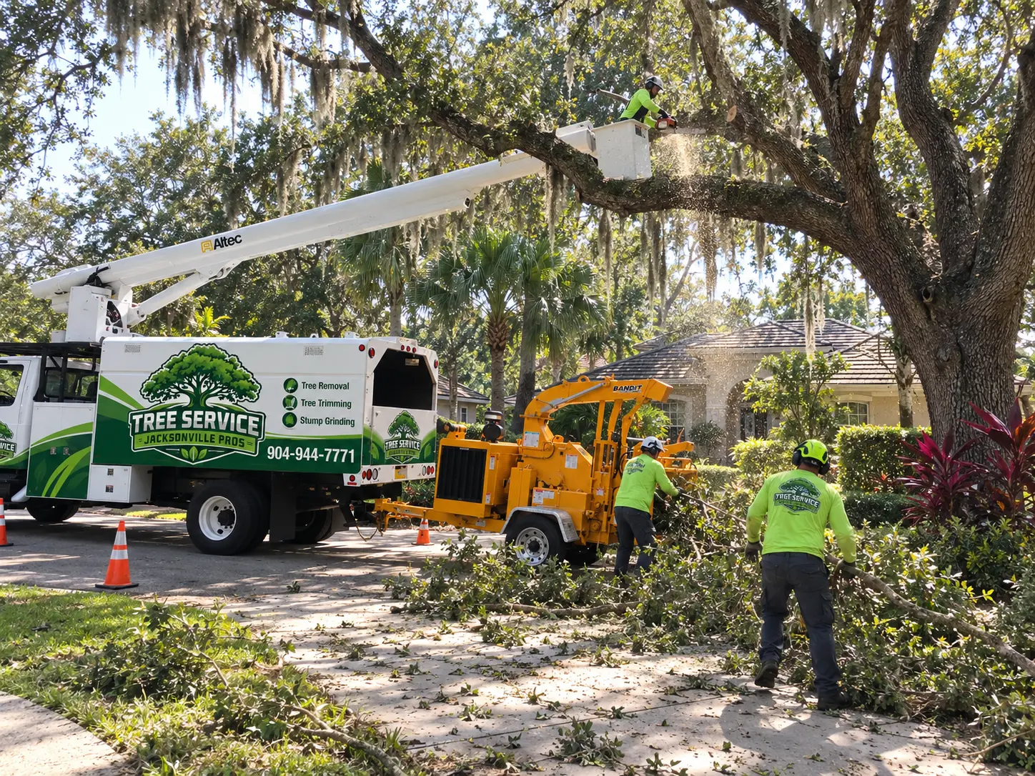 Bucket truck lifting a climber into a live oak while a crew feeds branches into a chipper on a residential street