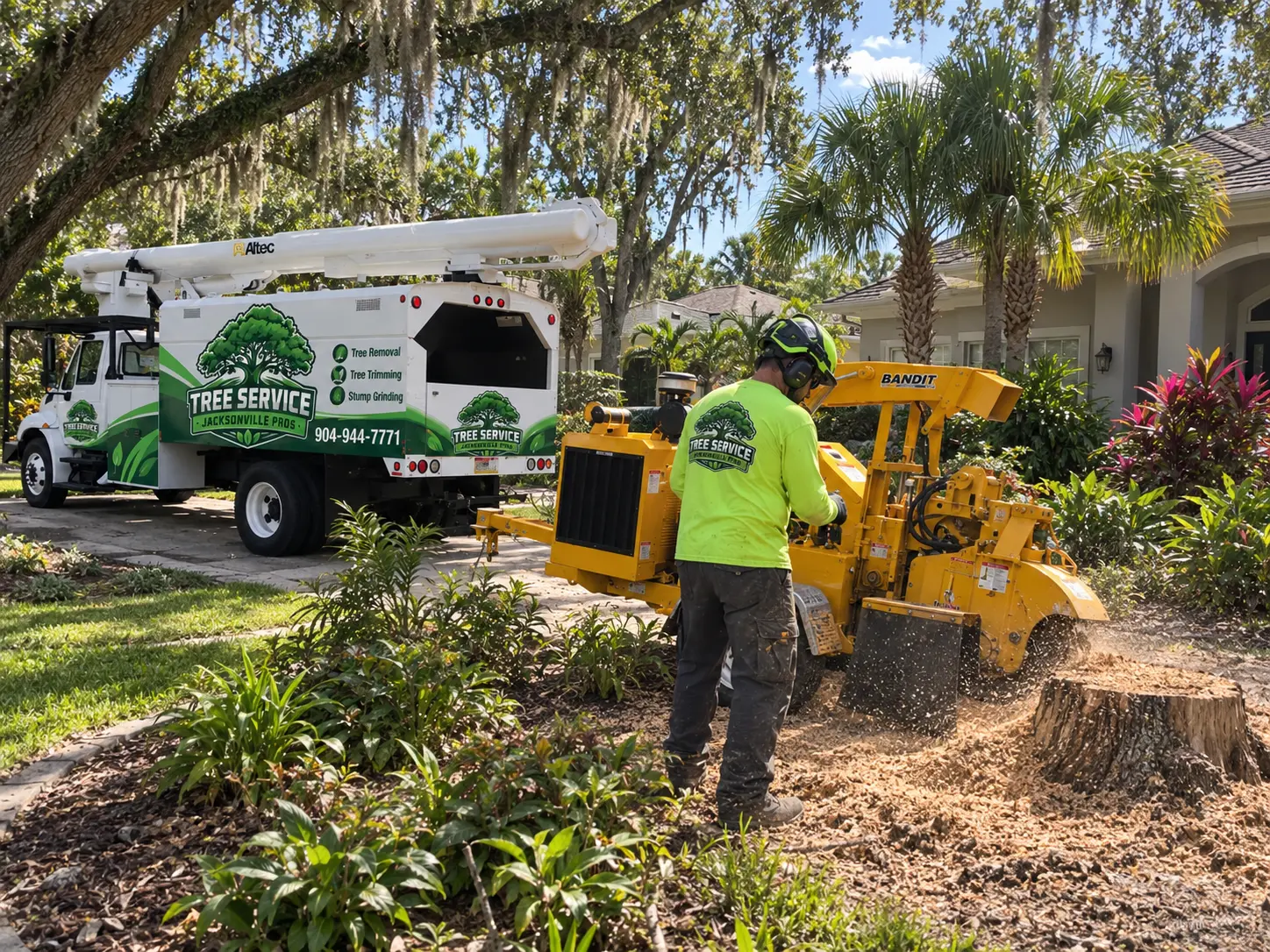 Crew member operating a stump grinder in a landscaped Jacksonville front yard