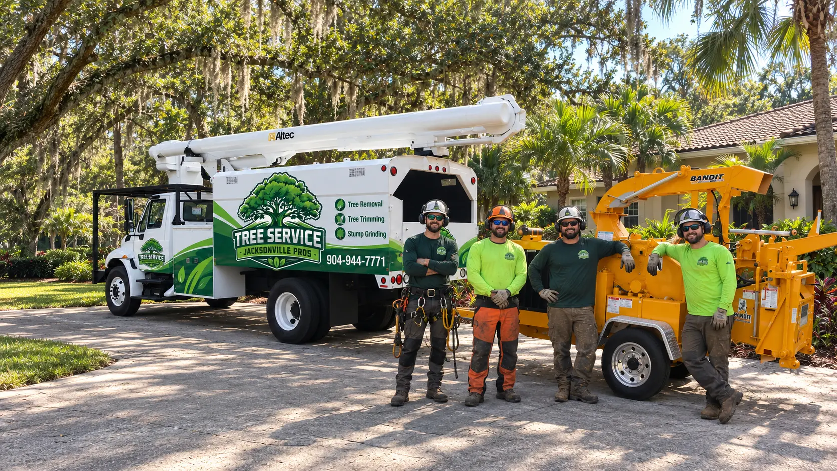 Tree Service Jacksonville Pros truck and wood chipper with crew in a Jacksonville neighborhood under live oaks